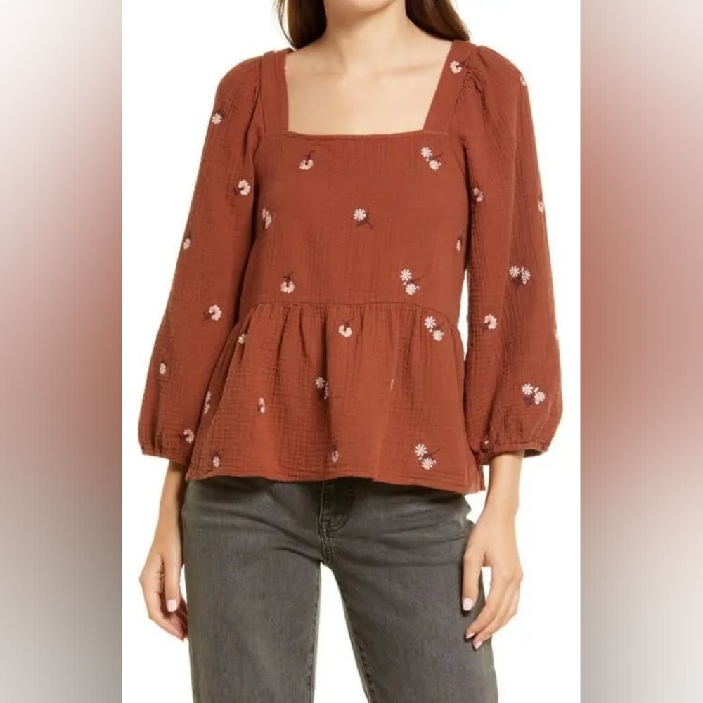 Madewell Rust Brown Square-Neck Peplum Top with White Floral Embroidery